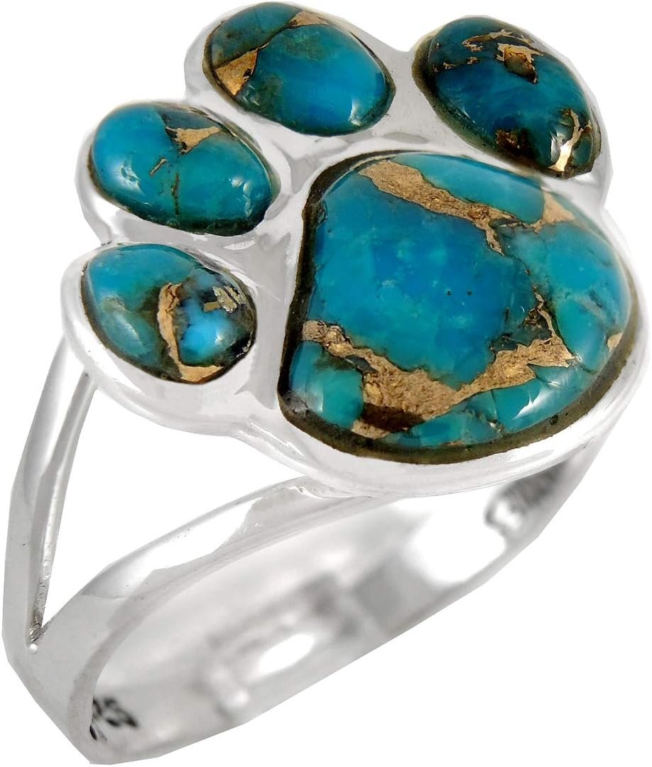 Turquoise Network Dog Paw Sterling Silver 925 Ring with Genuine Gemstones