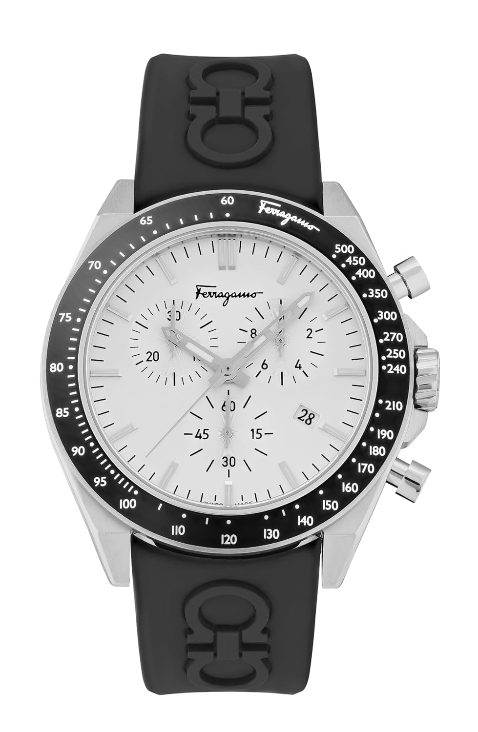 Ferragamo Urban Chrono Collection Luxury Mens Watch Timepieces with a Black Strap Featuring a Stainless Steel Case and a Silver Dial