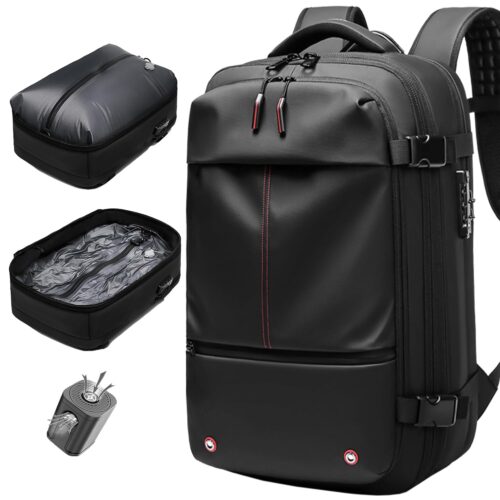 Vacuum Seal Backpack Travel 60L Expandable Air Compression System, Airback Vacpack Backpack TSA Lock Water Resistant Carry-On Luggage (Black, with Pump)