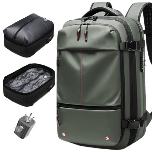 Vacuum Seal Backpack Travel 60L Expandable Air Compression System, Airback Vacpack Backpack TSA Lock Water Resistant Carry-On Luggage Green with Pump