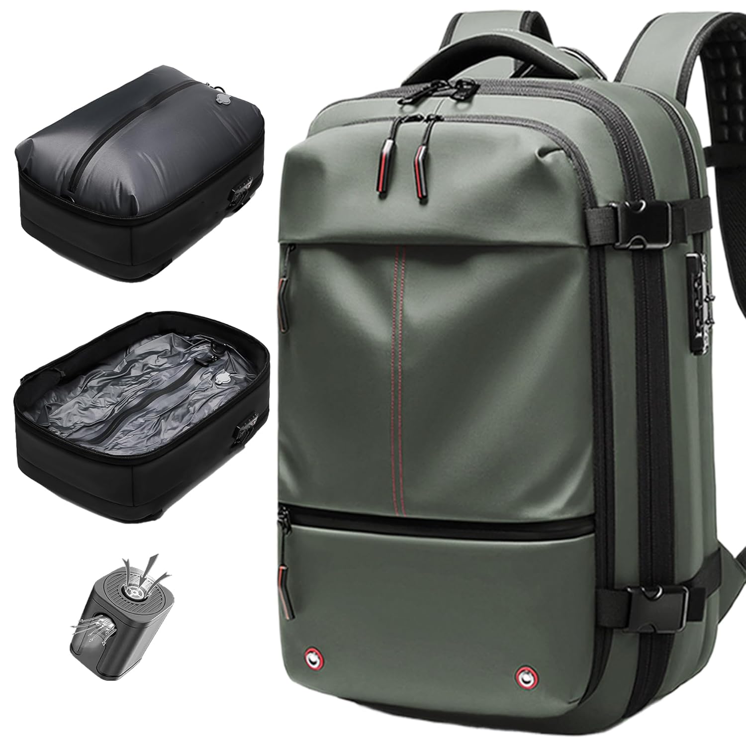 Vacuum Seal Backpack Travel 60L Expandable Air Compression System, Airback Vacpack Backpack TSA Lock Water Resistant Carry-On Luggage Green with Pump