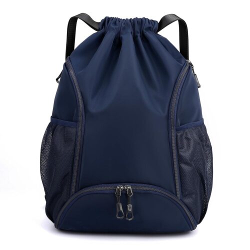 Valleycomfy Sports Gym Bag Drawstring Backpack with Shoes Basketball Bag and Two Water Bottle Holder,Dark Blue