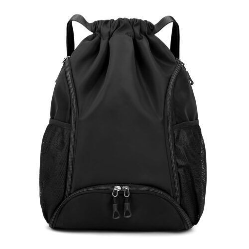 Valleycomfy Sports Gym Bag Drawstring Backpack with Shoes Basketball Bag and Two Water Bottle Holder,Black