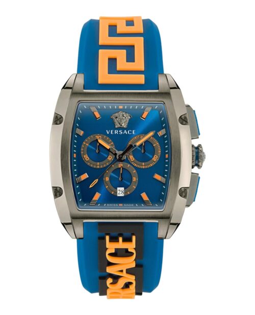 Versace Dominus Collection Luxury Mens Watch Timepieces with a Blue Strap and Dial Featuring a IP Gunmetal Case