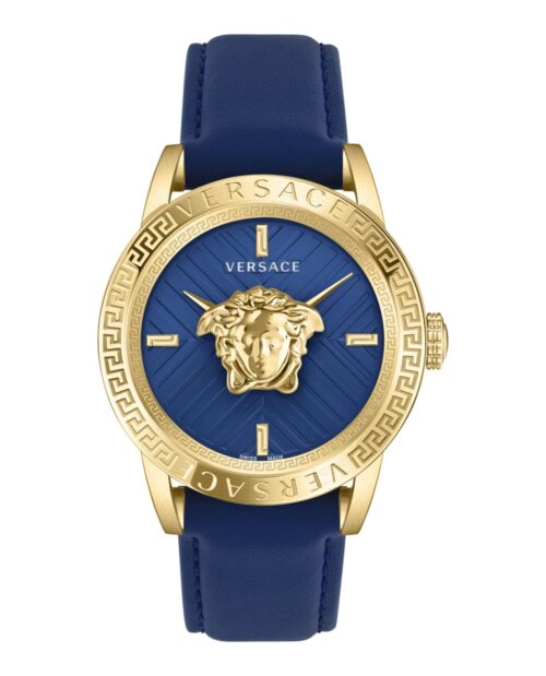 Versace V-Code Collection Luxury Mens Watch Timepieces with a Blue Strap and Dial Featuring a Gold Case
