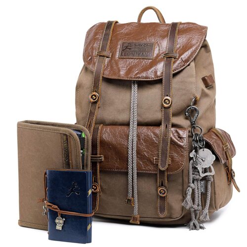 Vintage Canvas Leather Backpack for Men Women, Waterproof Rucksack Knapsack Hiking Travel Outdoor,Retro Leather 17" Laptop Casual Backpack, Brown