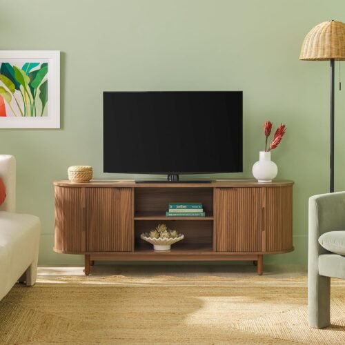 Walker Edison Modern Curved Reeded TV Stand for TVs up to 70 Inches, Credenza with Sliding Doors and Adjustable Shelves, TV Stand with Cord Management Cutout, 60 Inch, Mocha