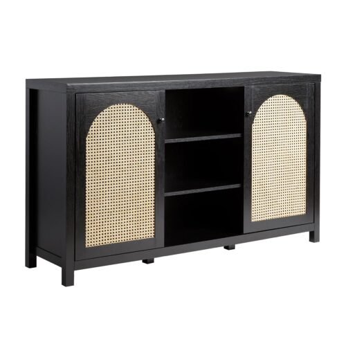 Walker Edison Sasha 2-Door Sideboard Buffet with Arched Rattan Panels, 58 Inch, Black