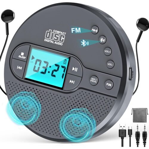 2000mAh Rechargeable Discman CD Player:Portable CD Player with Bluetooth FM Transmitter,Headphones,LCD Screen,AUX,Built-in Speaker,USB-Portable Personal CD Player Anti-Skip...