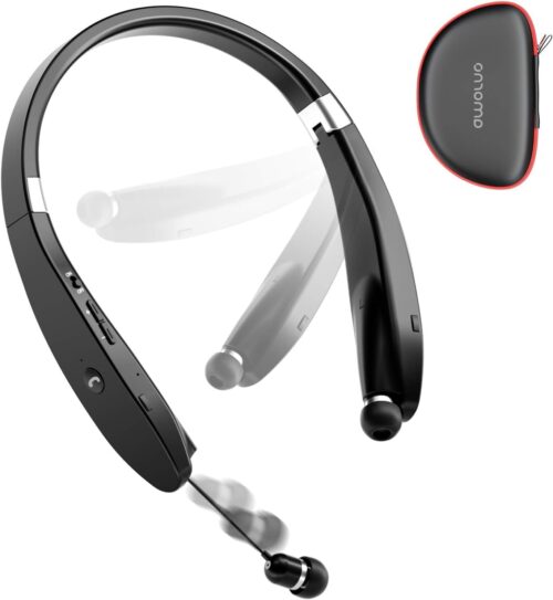 AMORNO Foldable Bluetooth Headphones Wireless Neckband Headset with Retractable Earbuds, Sports Sweatproof Noise Cancelling Stereo Earphones with Mic