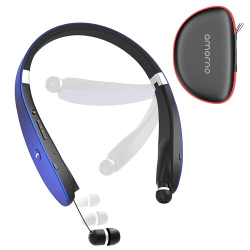 AMORNO Foldable Bluetooth Headphones Wireless Neckband Headset with Retractable Earbuds, Sports Sweatproof Noise Cancelling Stereo Earphones with Mic (Blue)