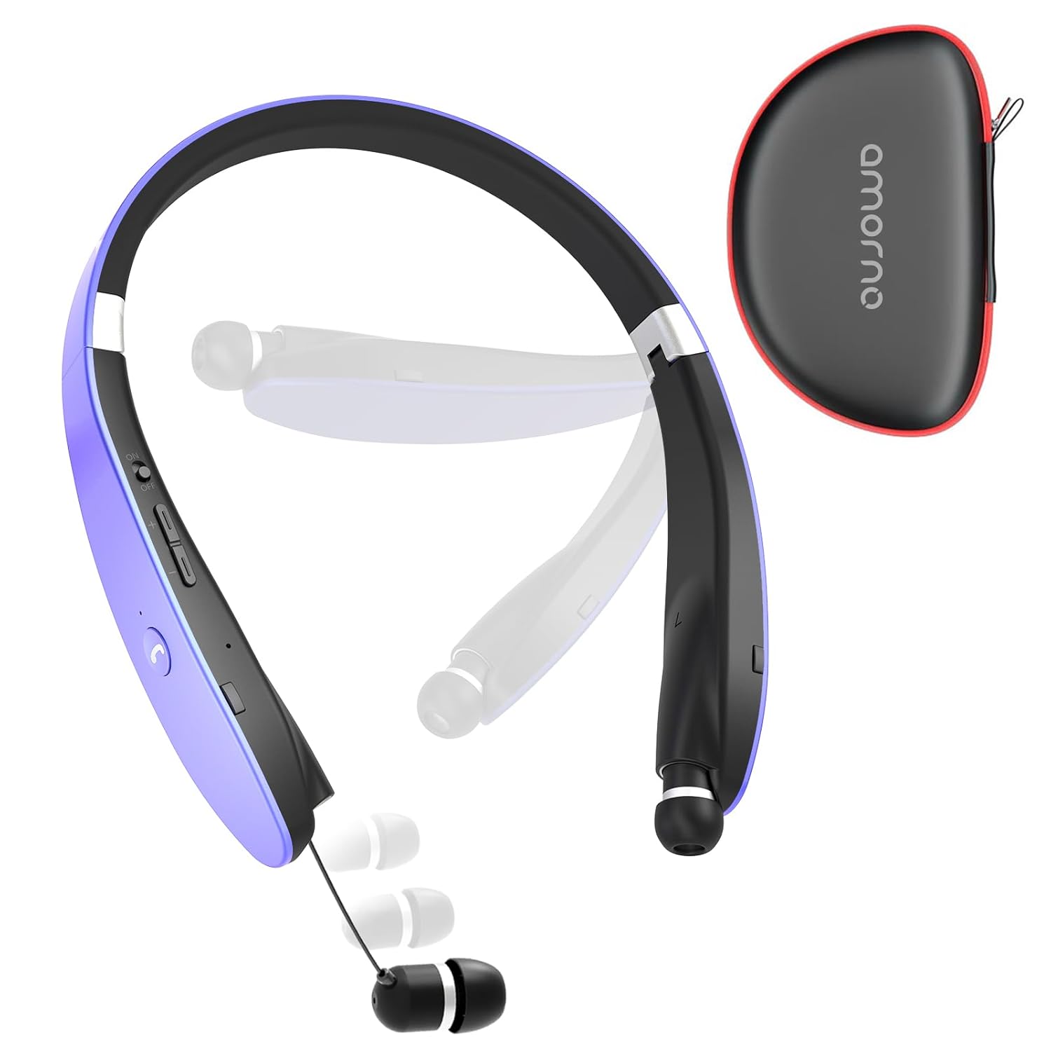 AMORNO Foldable Bluetooth Headphones Wireless Neckband Headset with Retractable Earbuds, Sports Sweatproof Noise Cancelling Stereo Earphones with Mic