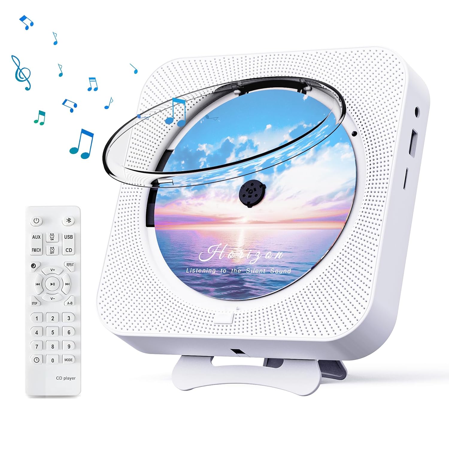 Bluetooth Portable Home CD Music Player with Remote Control, Timer, Built-in Speakers and LED Display – FM Radio Boombox (White)