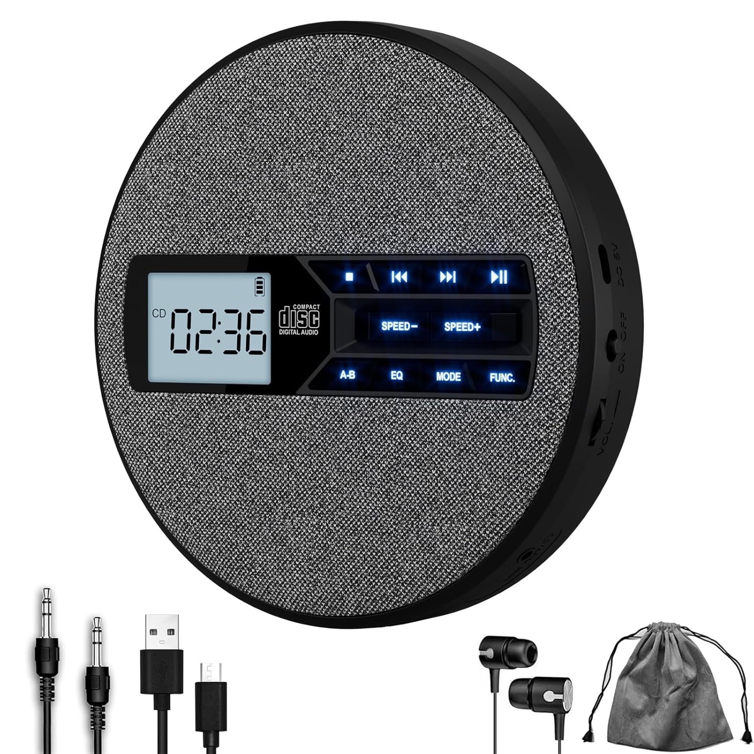 CD Player Portable, Rechargeable Portable CD Player with Dual Speakers and Anti Skip,CD,USB,AUX,LCD Display,Backlit Button,5 EQ,A-B Repeat,10 Speeds for Home Car Fabric Black