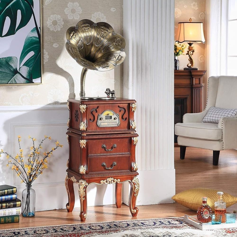 Classic Record Player, Retro Wood Vinyl Record Player, Vintage Style Music Speaker, 33/45/78 RPM Vinyl Player, Support CDRadio/Wireless Connection, Double Subwoofer, Turbo Tonearm