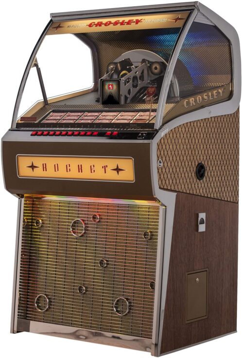 Crosley CR1210A-OA Rocket Full Size Vinyl Jukebox with Bluetooth - Holds 70 45-RPM Vinyl Records, Oak