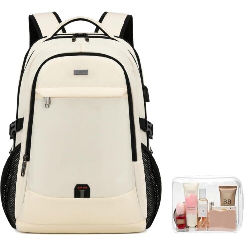 DUSLANG 17 Inch Laptop Backpack for Travel Water Resistant College Backpack for Women Laptop Bag with USB Charging Port and Clear Toiletry Bag Work Backpack,Beige A