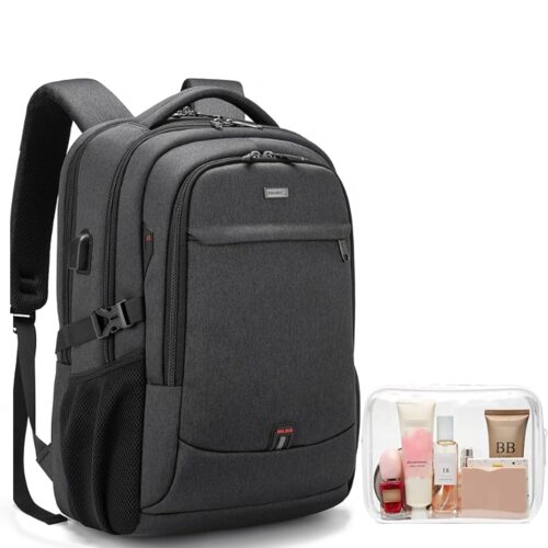 DUSLANG 17 Inch Laptop Backpack for Travel Water Resistant College Backpack for Men/Women Laptop Bag with USB Charging Port and clear Cosmetic Toiletry Bag, Black