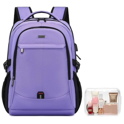 DUSLANG 17 Inch Laptop Backpack for Travel Water Resistant College Backpack for Women Laptop Bag with USB Charging Port and Clear Cosmetic Toiletry Bag, Purple A
