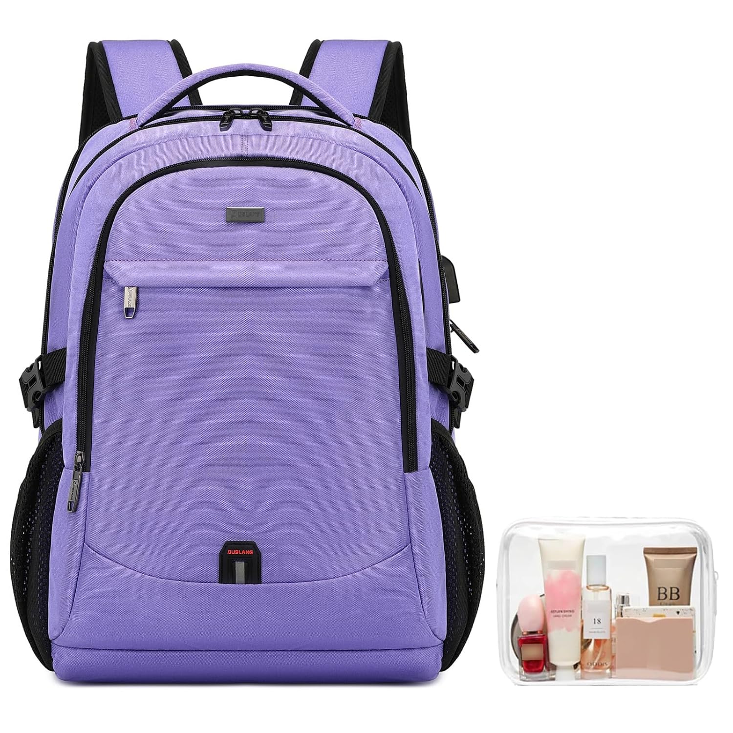 DUSLANG 17 Inch Laptop Backpack for Travel Water Resistant College Backpack for Women Laptop Bag with USB Charging Port and Clear Cosmetic Toiletry Bag, Purple A