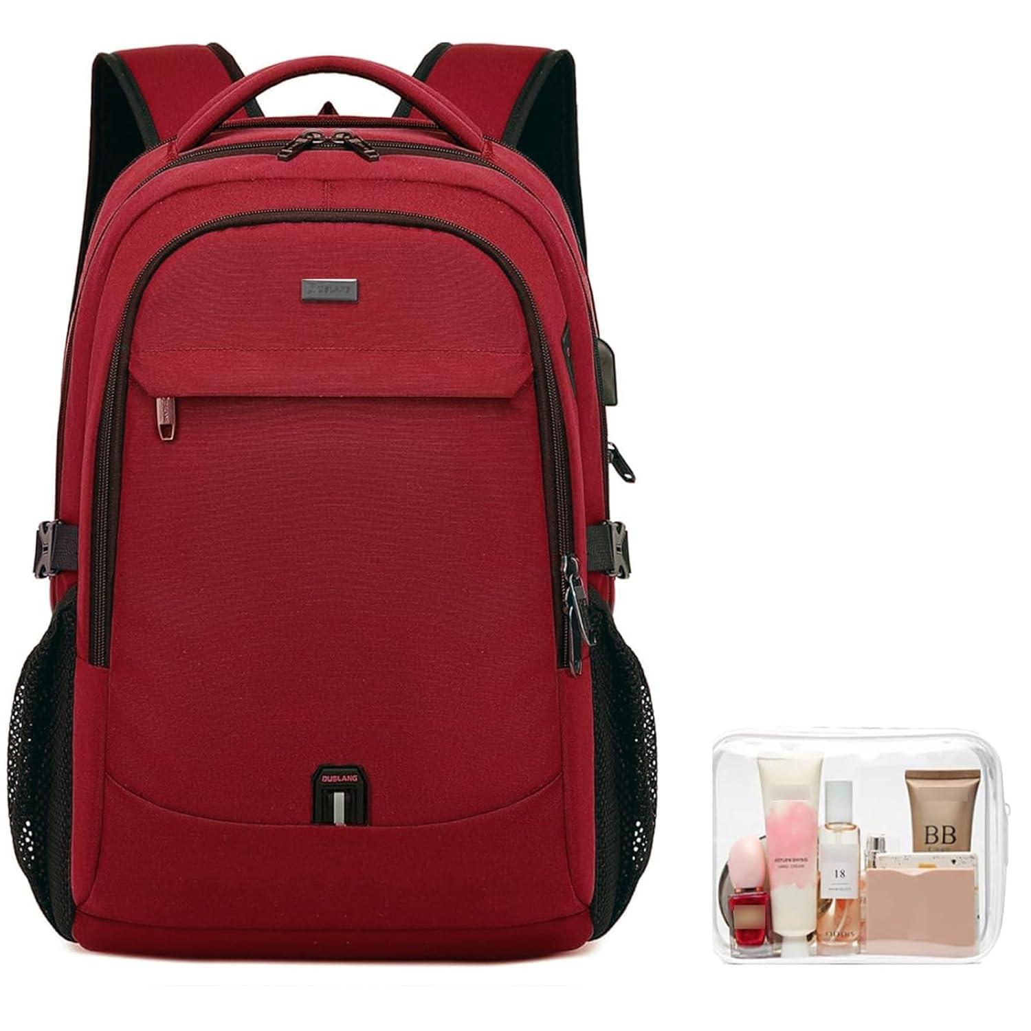 DUSLANG 17 Inch Laptop Backpack for Travel Water Resistant College Backpack for Women Laptop Bag with USB Charging Port and Clear Toiletry Bag, Red A