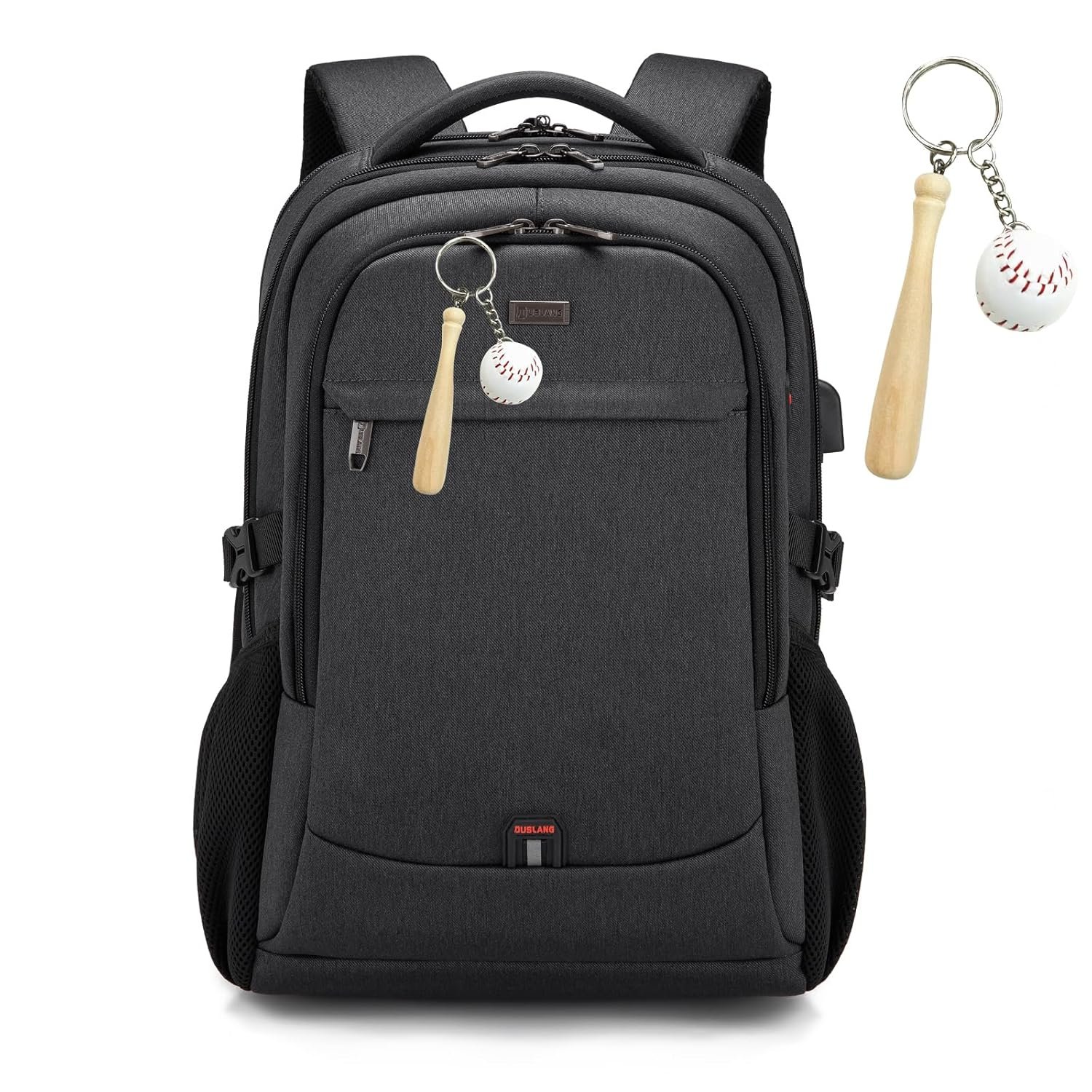 DUSLANG 17 Inch Laptop Backpack for Travel Water Resistant College Backpack for Men/Women Laptop Bag with USB Charging Port and Baseball Keychain for backpack, Black