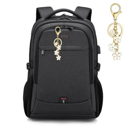 DUSLANG 17 Inch Laptop Backpack for Travel Water Resistant College Backpack for Men/Women Laptop Bag with USB Charging Port and Flower Keychain for backpack, Black