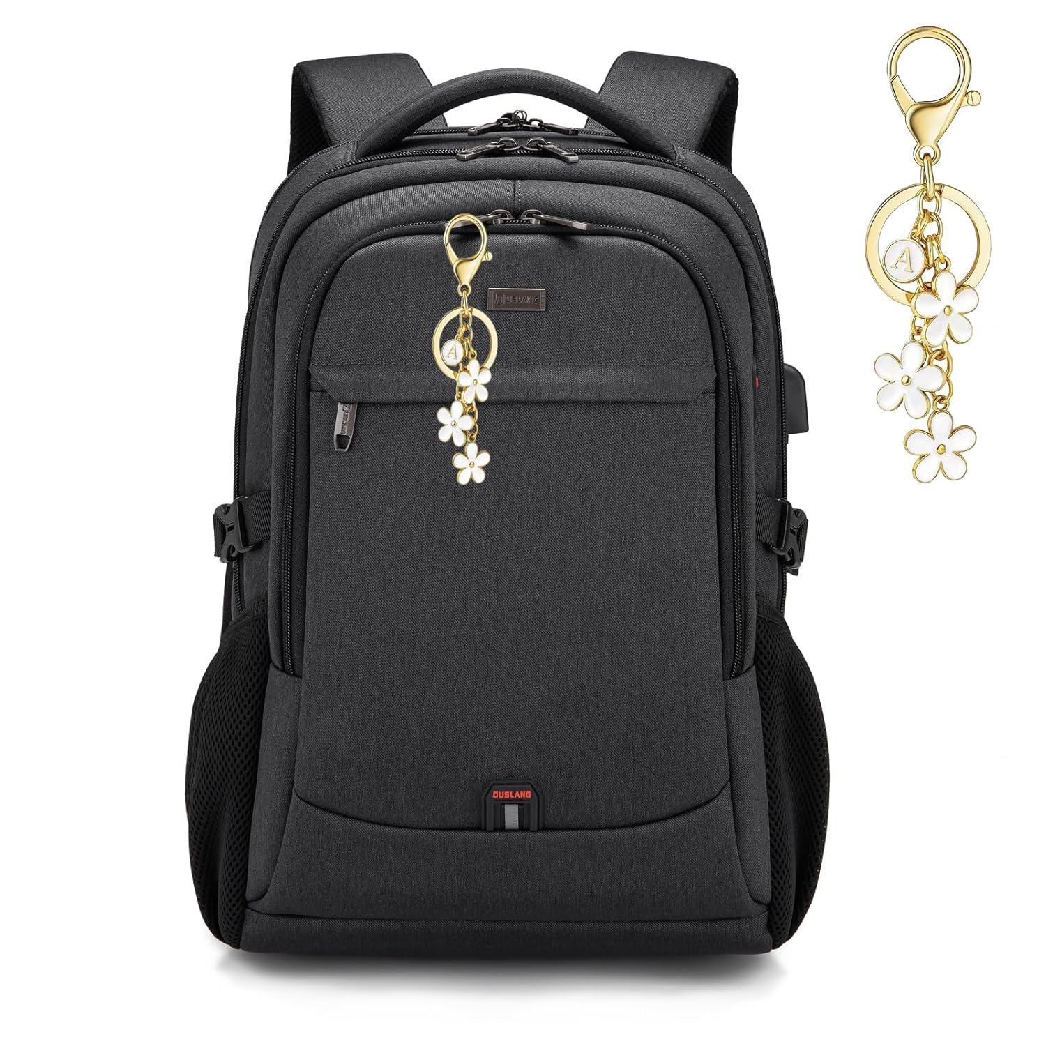 DUSLANG 17 Inch Laptop Backpack for Travel Water Resistant College Backpack for Men/Women Laptop Bag with USB Charging Port and Flower Keychain for backpack, Black