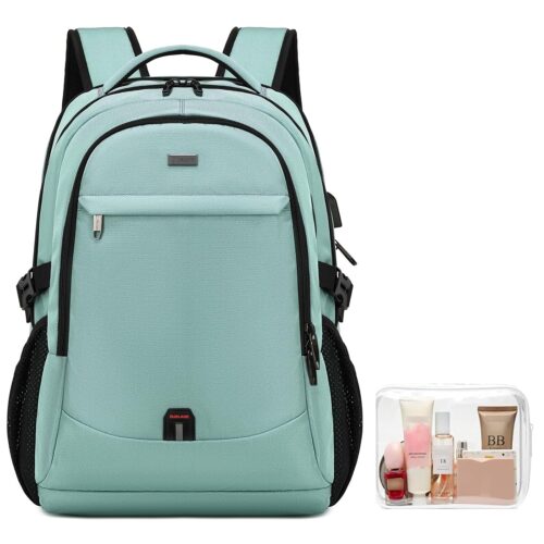 DUSLANG 17 Inch Laptop Backpack for Travel Water Resistant College Backpack for Men/Women Laptop Bag with USB Charging Port and Clear Cosmetic Toiletry Bag, Green A