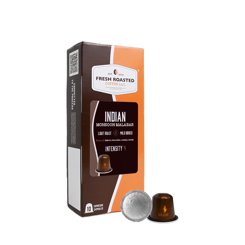 Fresh Roasted Coffee Espresso Pods for Nespresso OriginalLine, Indian Monsoon Malabar, 10 Aluminum Capsules