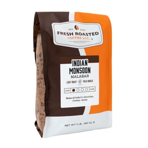 Fresh Roasted Coffee, Indian Monsoon Malabar, 2 lb (32 oz), Light Roast, Kosher, Ground
