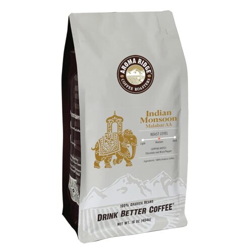 Indian Monsoon Coffee, Malabar AA, Distinctly Low Acidity, 1lb (16ounce bag) Whole Beans, Vacuum Valve Bag for Freshness