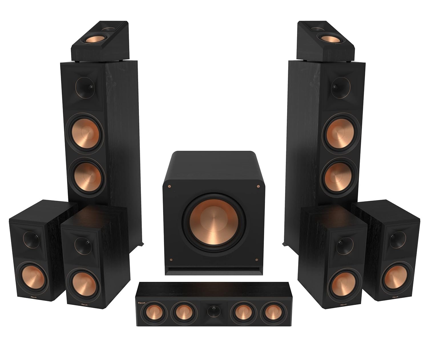 Klipsch 7.1.2 Ebony System – Model RP-8000F II, RP-404C II, RP-600M II, RP-500SA II, RP-1400SW