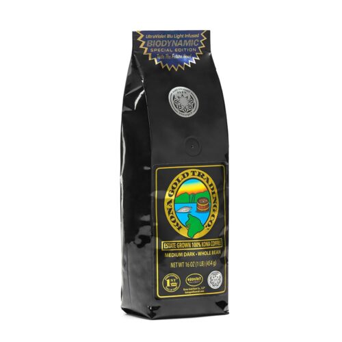 Kona Gold UltraViolet Blu Light Infused Biodynamic Special Edition | Freshly Roasted Organic Whole Coffee Beans | Made from Premium Hawaiian Kona Beans | Top Grade Air Roasted |...