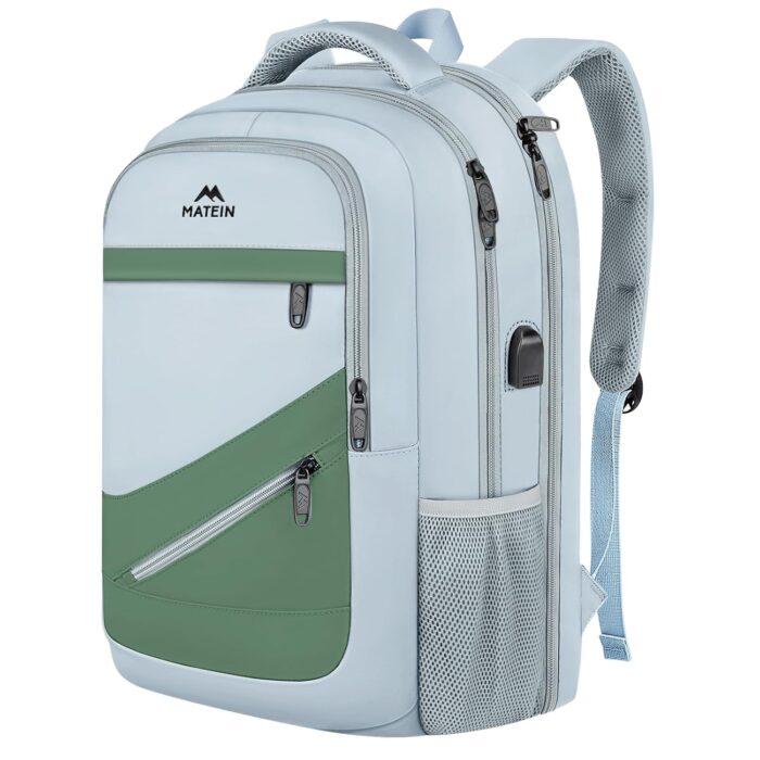 MATEIN Big Travel Laptop Backpack for Women, TSA Approved Backpack with Trolley Sleeve and USB Charging Port, Water Resistant Work Computer Bag, Blue Green