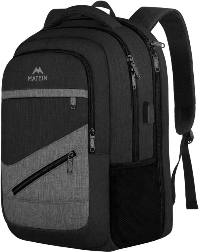 MATEIN Laptop Backpack 17 inch, TSA Approved Travel Backpack with Trolley Sleeve, Large Computer Work Bag with USB Charging Port, Water Resistant Rusack for College, Black Grey