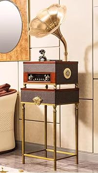 Modern Turntable, Floor Standing Retro Phonograph, Nostalgic Record Player, Vintage Classic Record Player with Copper Horn, 33/45 RPM, Turbo Tonearm, DVDWireless Connection…