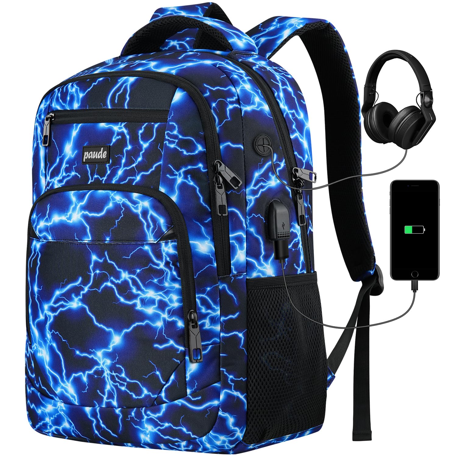 Paude Backpack for Men,15.6 Inch College Backpack School Bookbag for Teens,Laptop Bookbag with USB Port and Headphone Hole