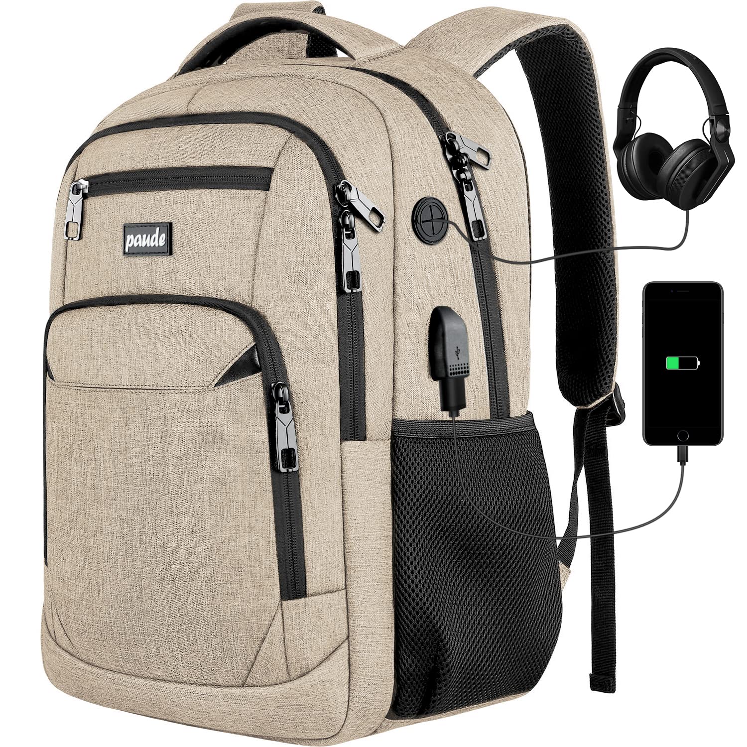 Paude Backpack for Teens, Laptop, College, University, Business, Travel – 15.6 Inch, Beige