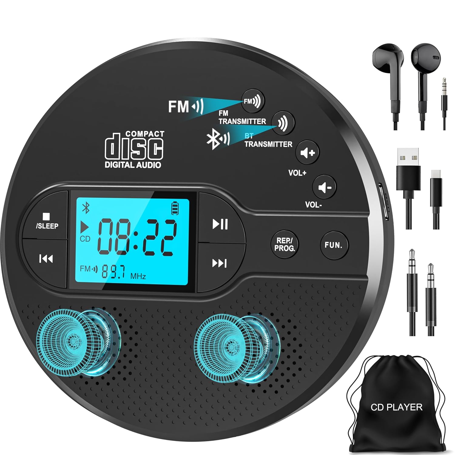 Portable CD Player with Bluetooth, Disman CD Player for Car with FM Transmitter, Rechargeable CD Player Portable with Anti-Skip Protection, Headphones, AUX/USB Supported, LCD…