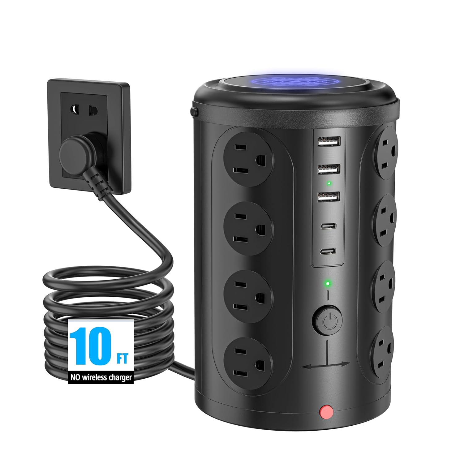 Power Strip Surge Protector Tower with 16 Outlets and 5 USB Ports (2 USB-C), 10ft Extension Cord, 45° Flat Plug, Charging Station for Home, Office, Dorm Room Essentials (Black)