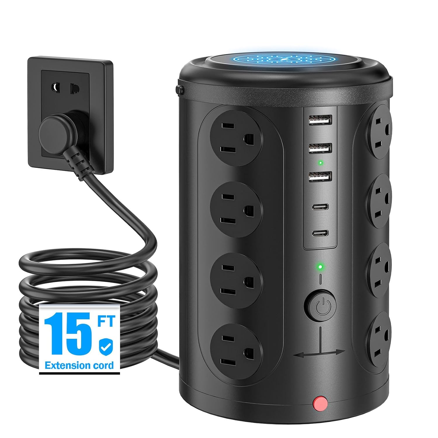 Power Strip Tower Surge Protector with 16 Outlets and 5 USB Ports (2 USB-C), 15FT Extension Cord with Multiple Outlets,Heavy Duty Charging Station,Home Office Dorm Room Essentials.