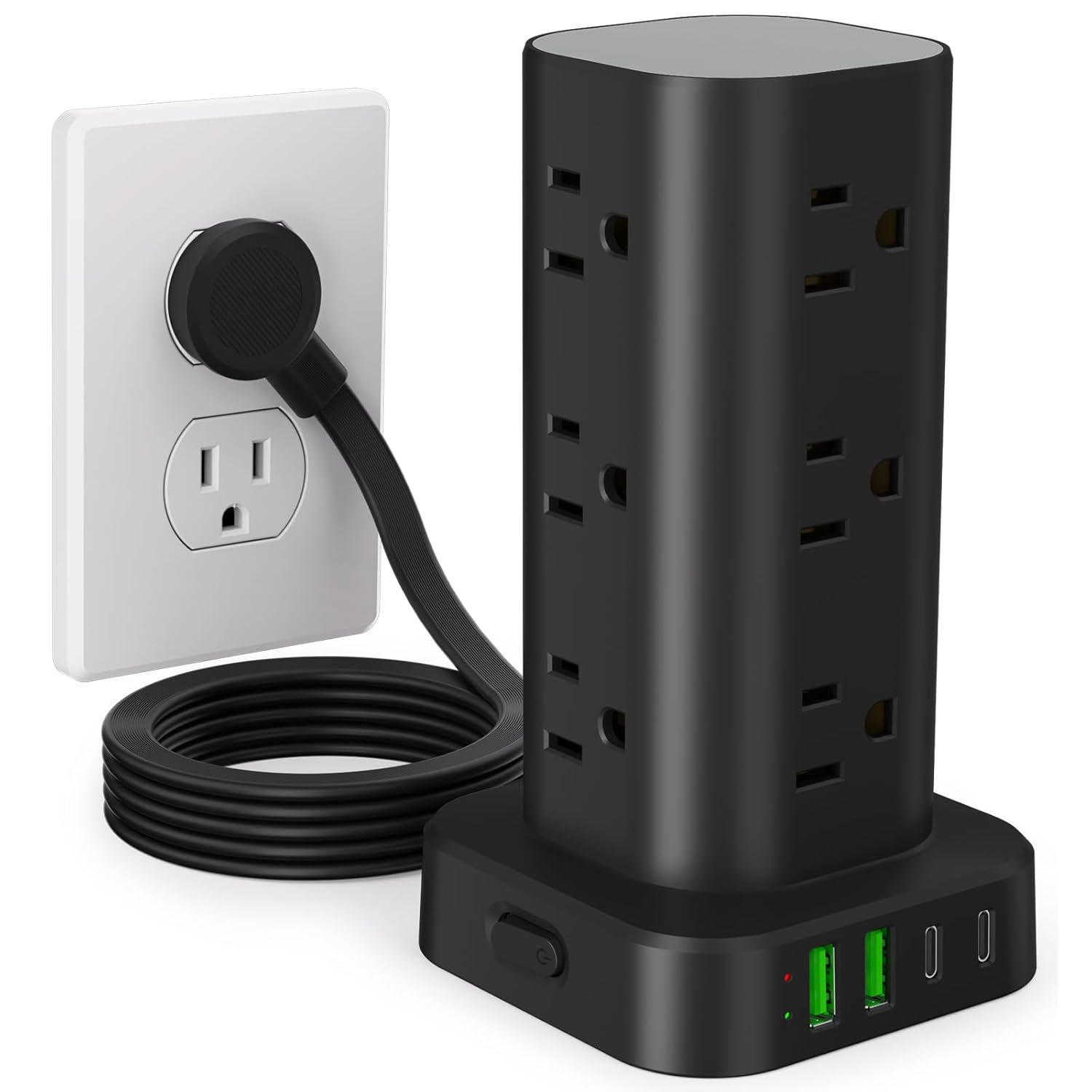 Power Strip Tower with Multiple Outlets, Flat Plug Surge Protector Tower Extension Cord with 12 AC Outlets 4 USB Ports (2 USB C), 6FT Cord Power Tower Surge Protector for Home…