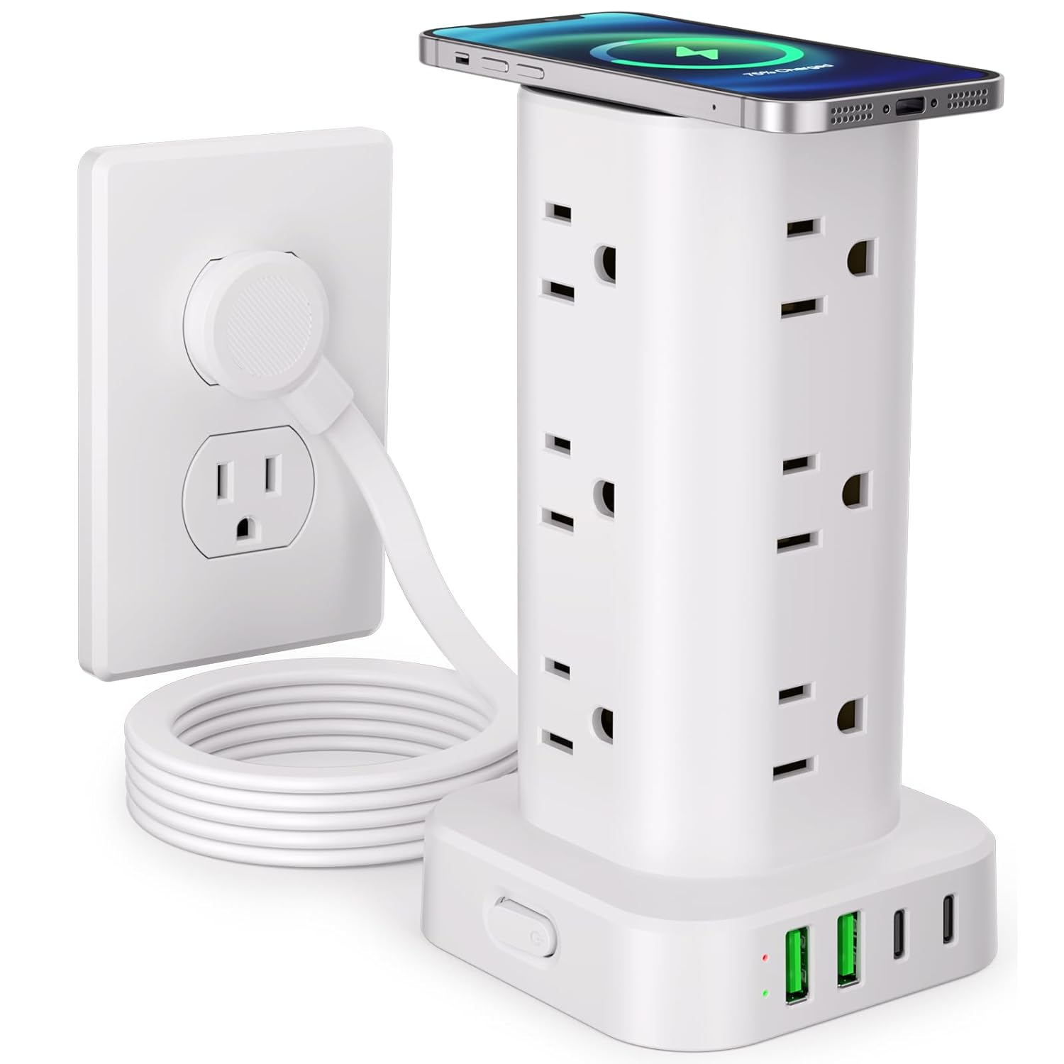 Power Strip Tower with Wireless Charger, Flat Plug Surge Protector Tower with 6FT Extension Cord, 12 AC Multiple Outlets, 4 USB (2 USB C),15W Wireless Charging Power Tower for…