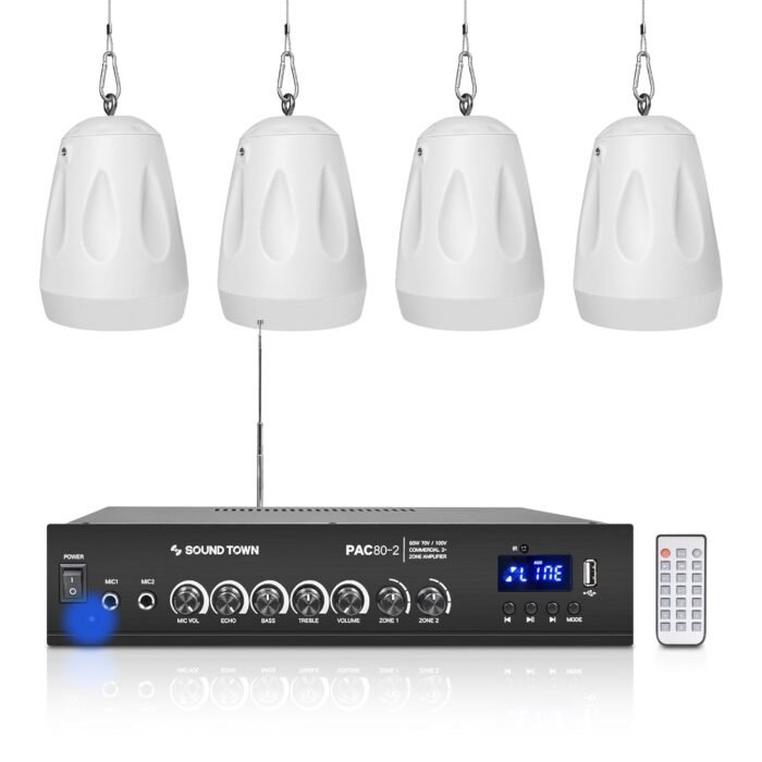 Sound Town Commercial Restaurant Bluetooth Amplifier + Pendant Speaker Set, with One 2-Zone 70V/100V Amplifier with Bluetooth, 4 x All-Weather 4-Inch Pendant Speakers, White...