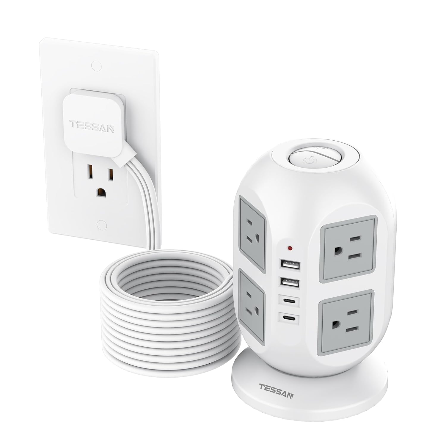 Tower Power Strip, Surge Protector 10 FT Cord, TESSAN Flat Plug Extension Cord with Multiple Outlets, 8 AC Outlets with 4 USB Ports (2 USB C), Charging Station with Surge…