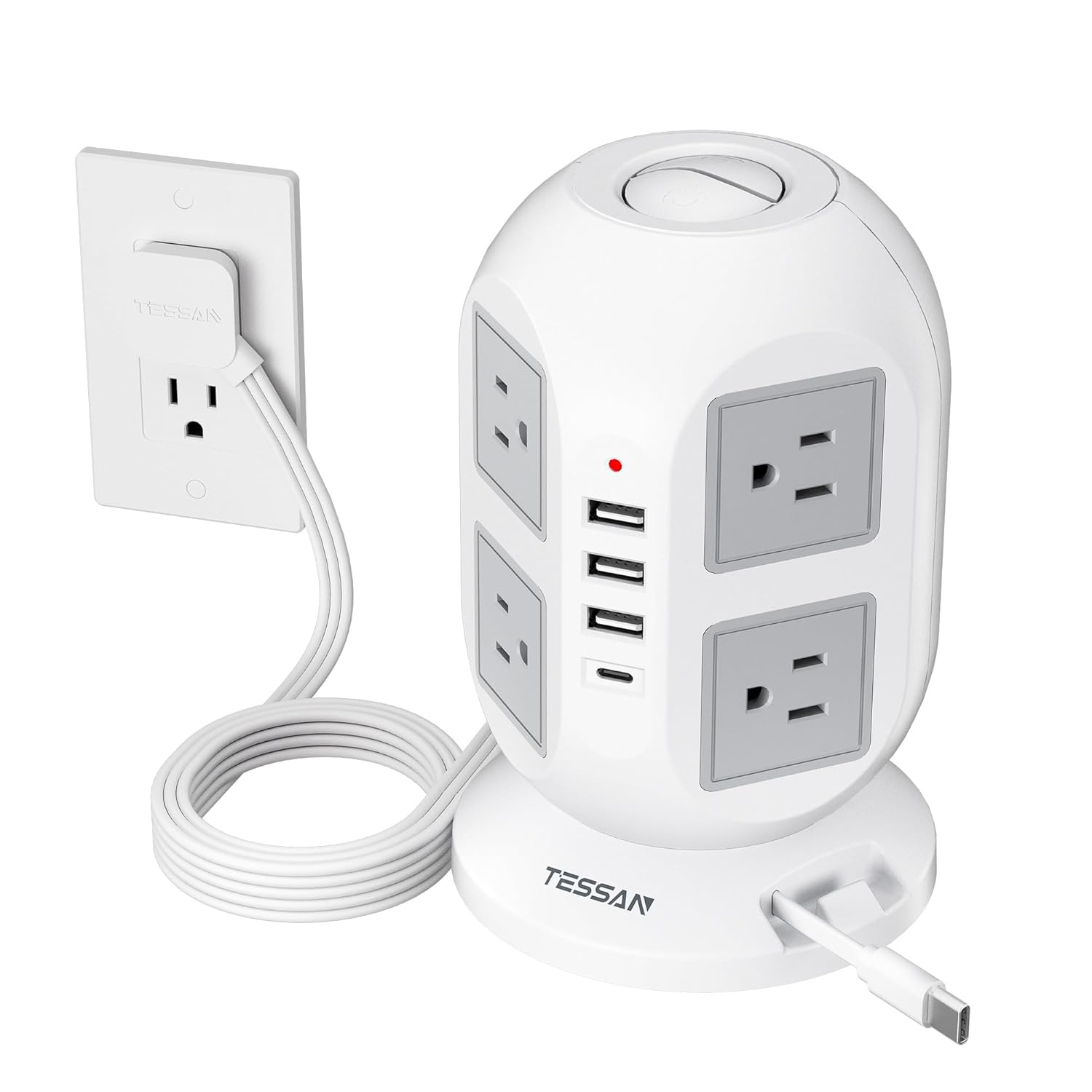 Tower Power Strip Surge Protector 10 Ft, TESSAN Flat Plug Extension Cord with Multiple Outlets, 8 AC Outlets, 4 USB Ports, 1 Built-in USB Cable, Desk Charging Station for Home…