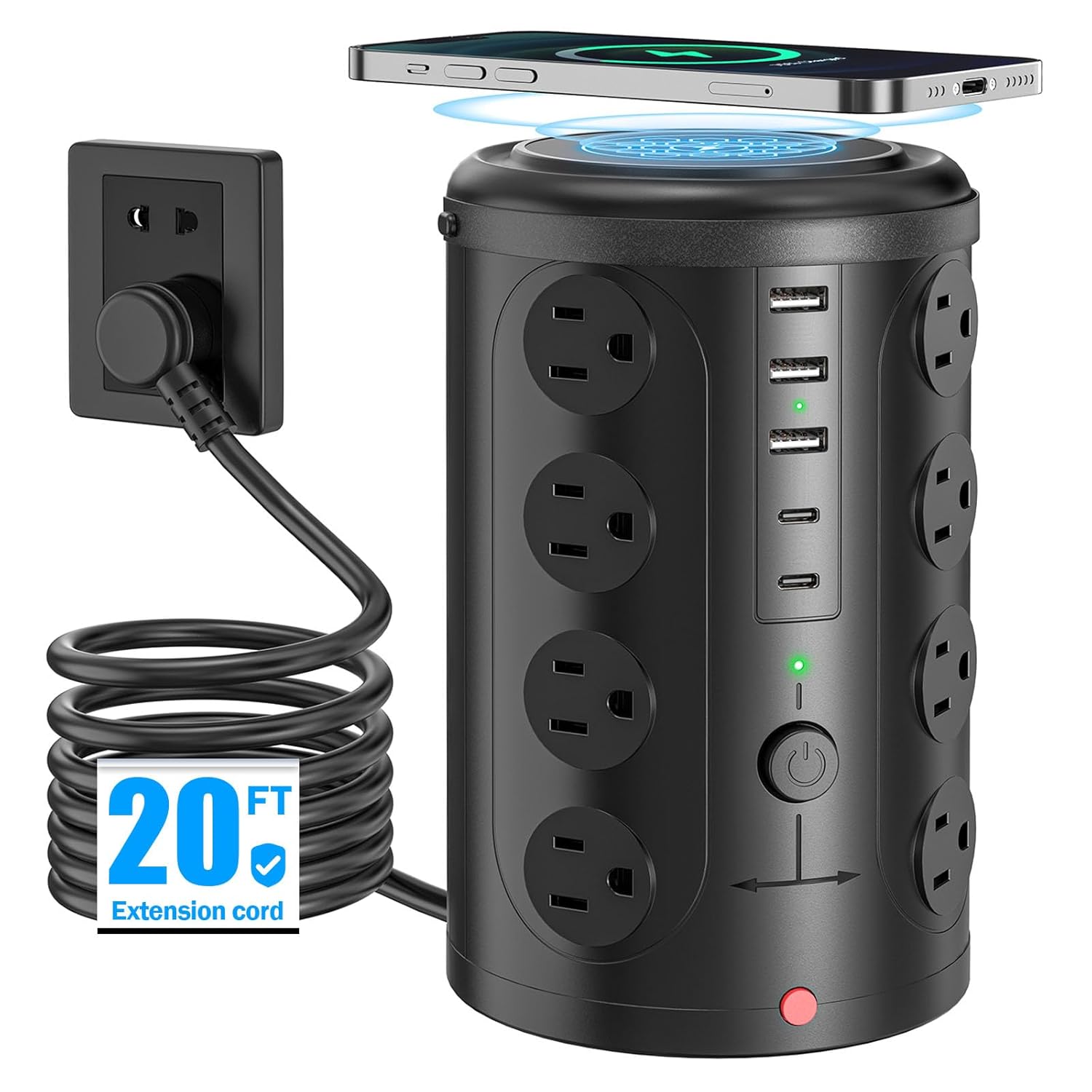 Tower Power Strip with 15W Wireless Charger, 20FT Extension Cord with Multiple Outlets, 16 AC Outlets & 5 USB (2 USB C) Charging Station Surge Protector for Office Home Dorm…