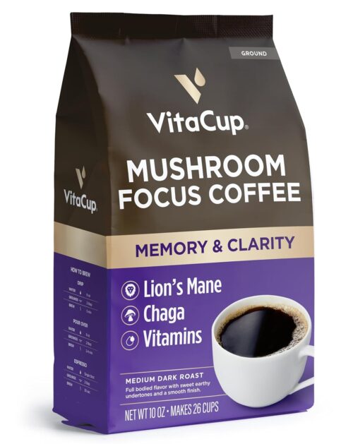 VitaCup Focus Mushroom Coffee Grounds, with Lions Mane, Chaga, B Vitamins, D3, Boost Focus, Immunity, Memory & Clarity, Medium Dark Roast, Bold & Smooth 100% Arabica Specialty,...