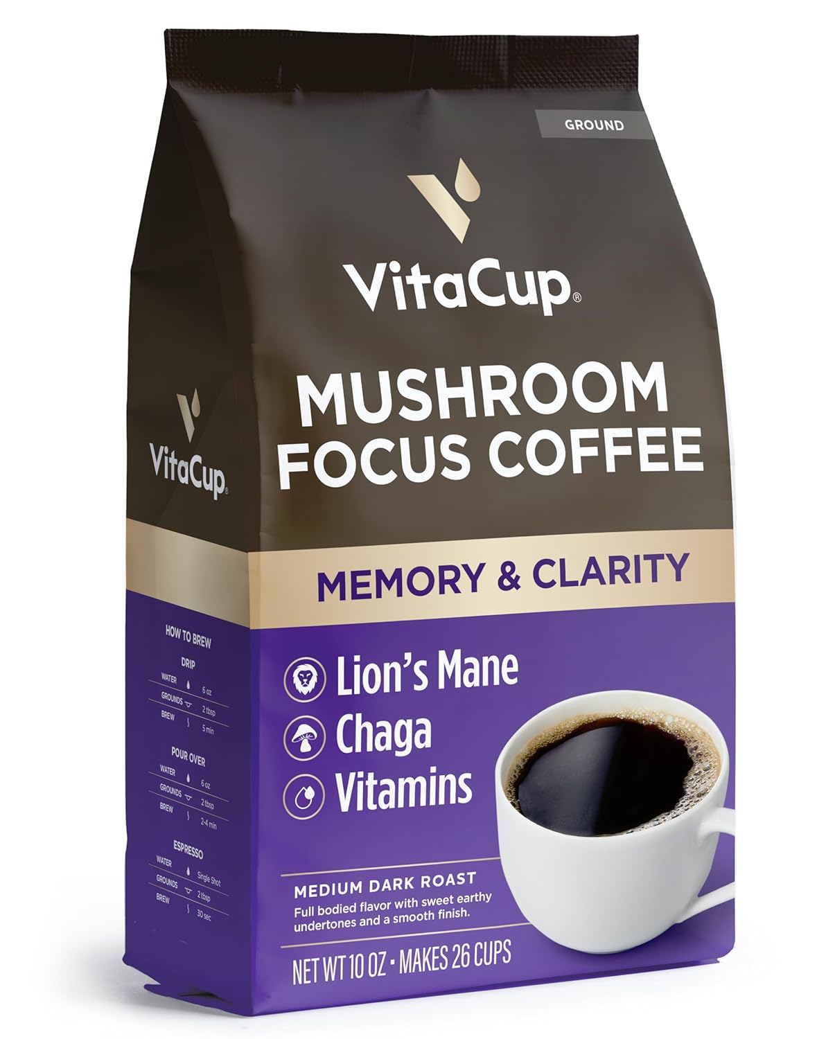 VitaCup Focus Mushroom Coffee Grounds, with Lions Mane, Chaga, B Vitamins, D3, Boost Focus, Immunity, Memory & Clarity, Medium Dark Roast, Bold & Smooth 100% Arabica Specialty,…